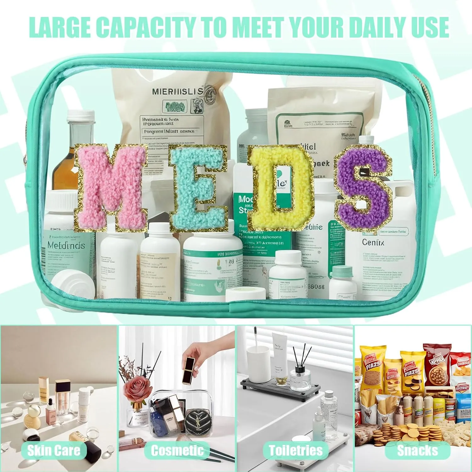 Clear Meds Bag, Chenille Letter PVC Makeup Bag, Portable Preppy Patch With Zipper, Cosmetic Toiletry Travel Storage Medicine for Women Girls, Green