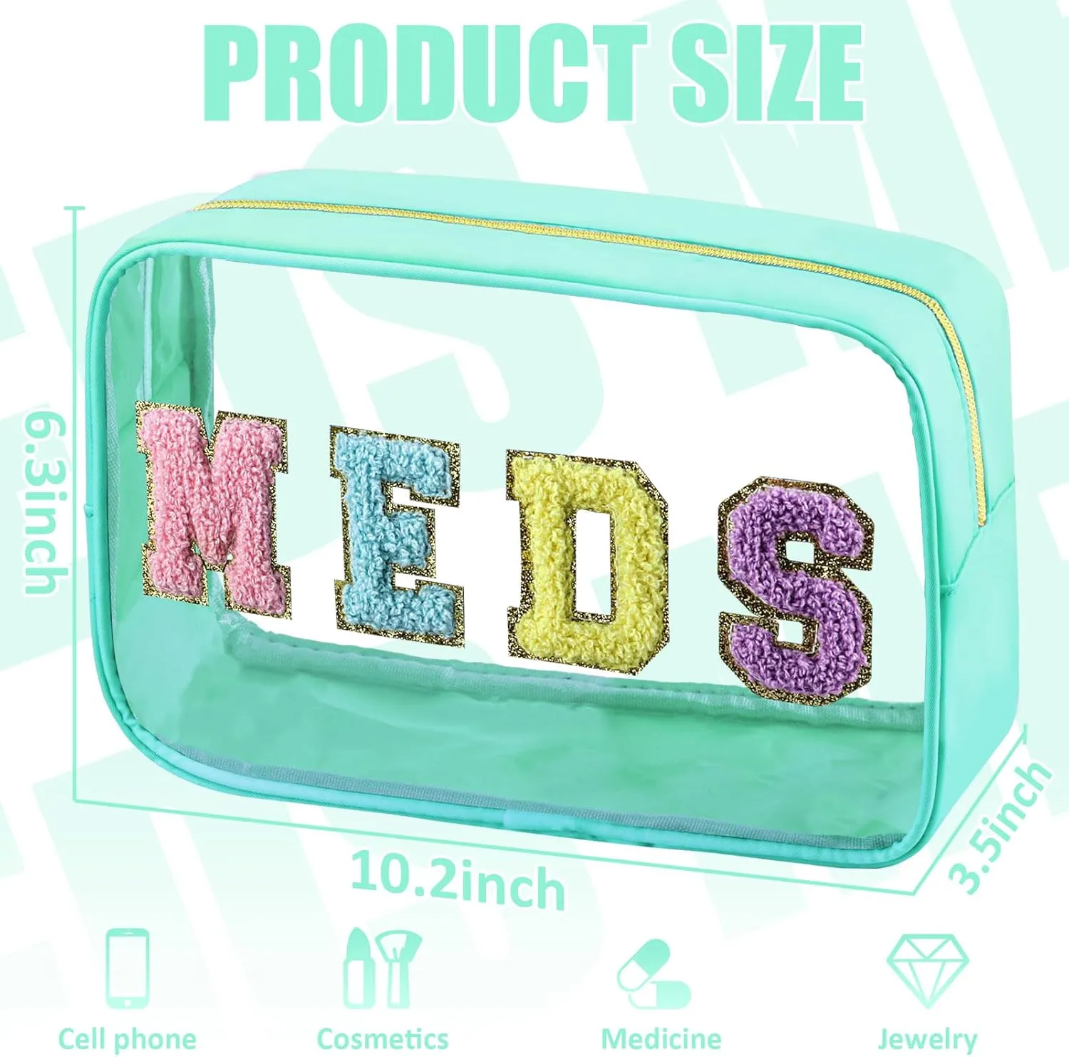 Clear Meds Bag, Chenille Letter PVC Makeup Bag, Portable Preppy Patch With Zipper, Cosmetic Toiletry Travel Storage Medicine for Women Girls, Green