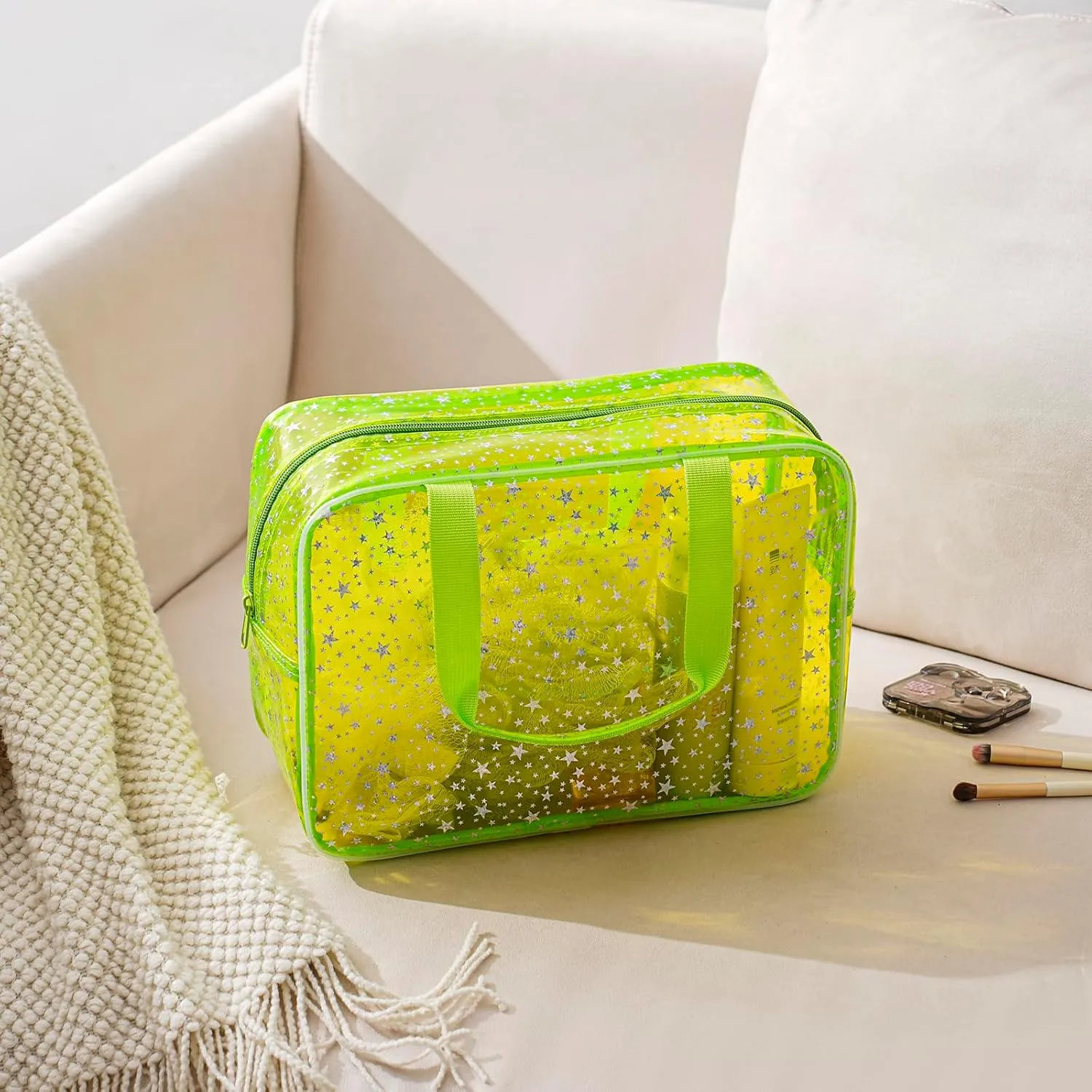 Clear PVC Star Large Cosmetic Bag, Transparent Large Zippered Opening Makeup Bag, Portable Waterproof Travel Bag with Handle, Gym, Swimming and Beach Bag (04lime green)