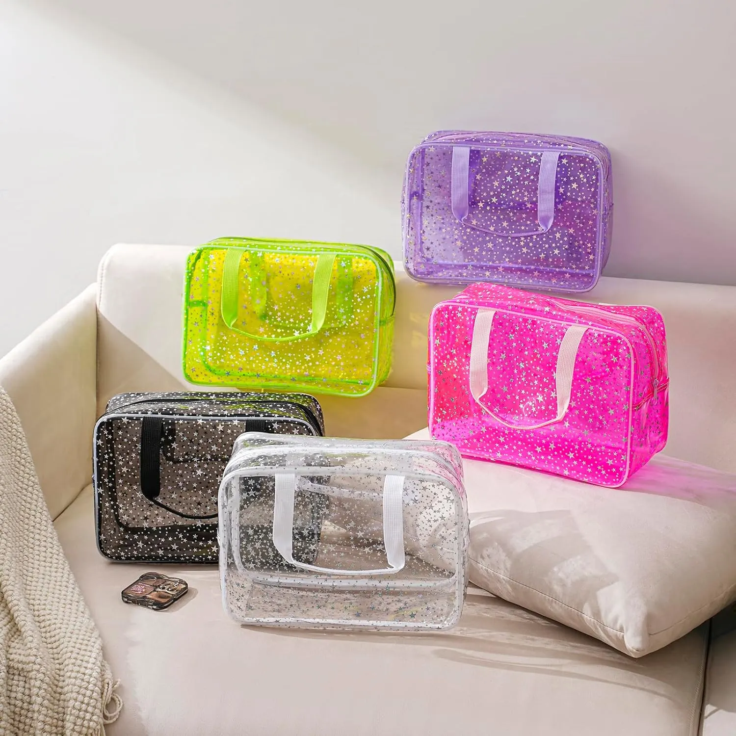 Clear PVC Star Large Cosmetic Bag, Transparent Large Zippered Opening Makeup Bag, Portable Waterproof Travel Bag with Handle, Gym, Swimming and Beach Bag (04lime green)