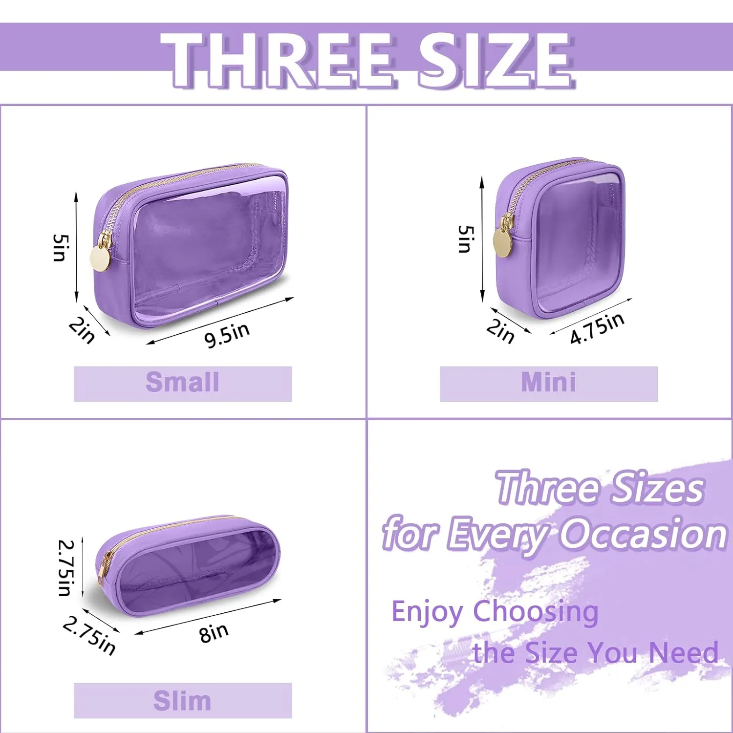 Clear Small Pencil Pouch Makeup Bag for Purse,Nylon&PVC Pencil Case Waterproof Makeup Brush Holder with Zipper,Preppy Transparent Pen Bag Travel Cosmetic Bag for Women Men Office(Slim-Purple)