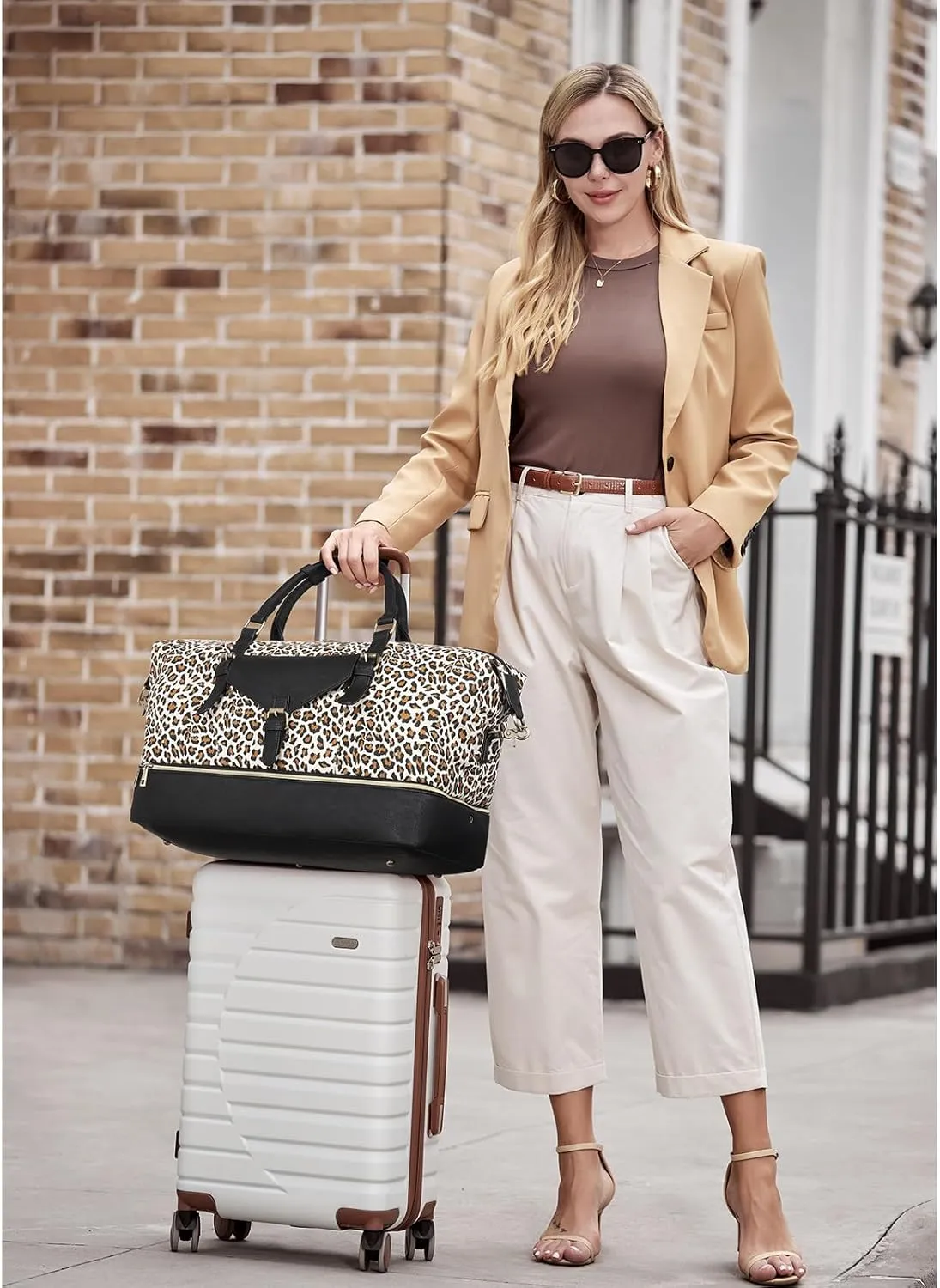 CLUCI Weekender Bag for Women Canvas Large Overnight Travel Duffel Bag with Shoe Compartment Leopard Pattern with Black