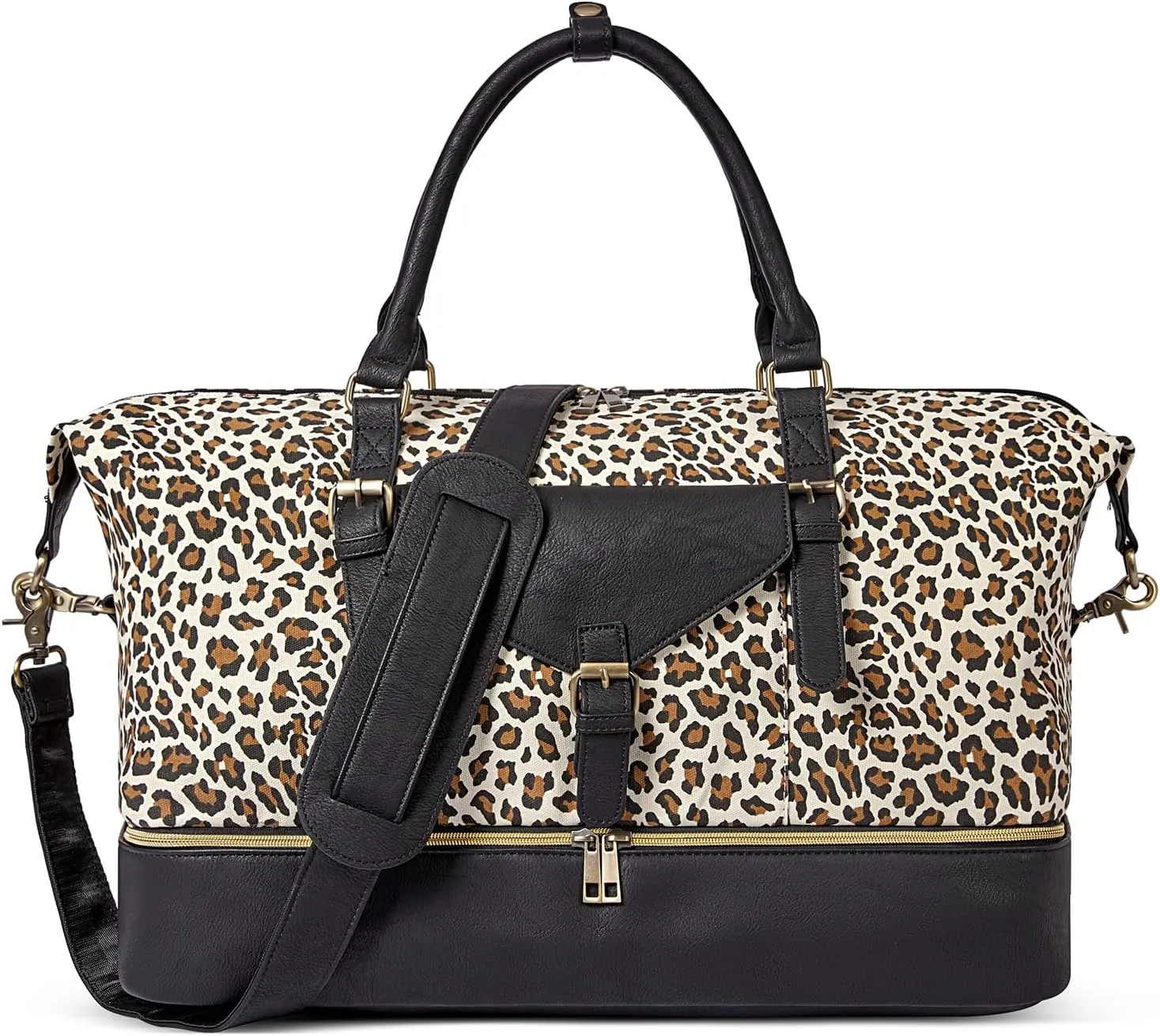 CLUCI Weekender Bag for Women Canvas Large Overnight Travel Duffel Bag with Shoe Compartment Leopard Pattern with Black