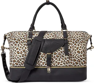 CLUCI Weekender Bag for Women Canvas Large Overnight Travel Duffel Bag with Shoe Compartment Leopard Pattern with Black