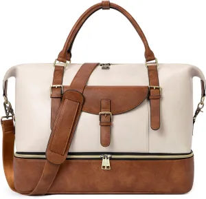 CLUCI Weekender Bag for Women Leather Large Overnight Travel Duffel Bag with Shoe Compartment Beige with Brown