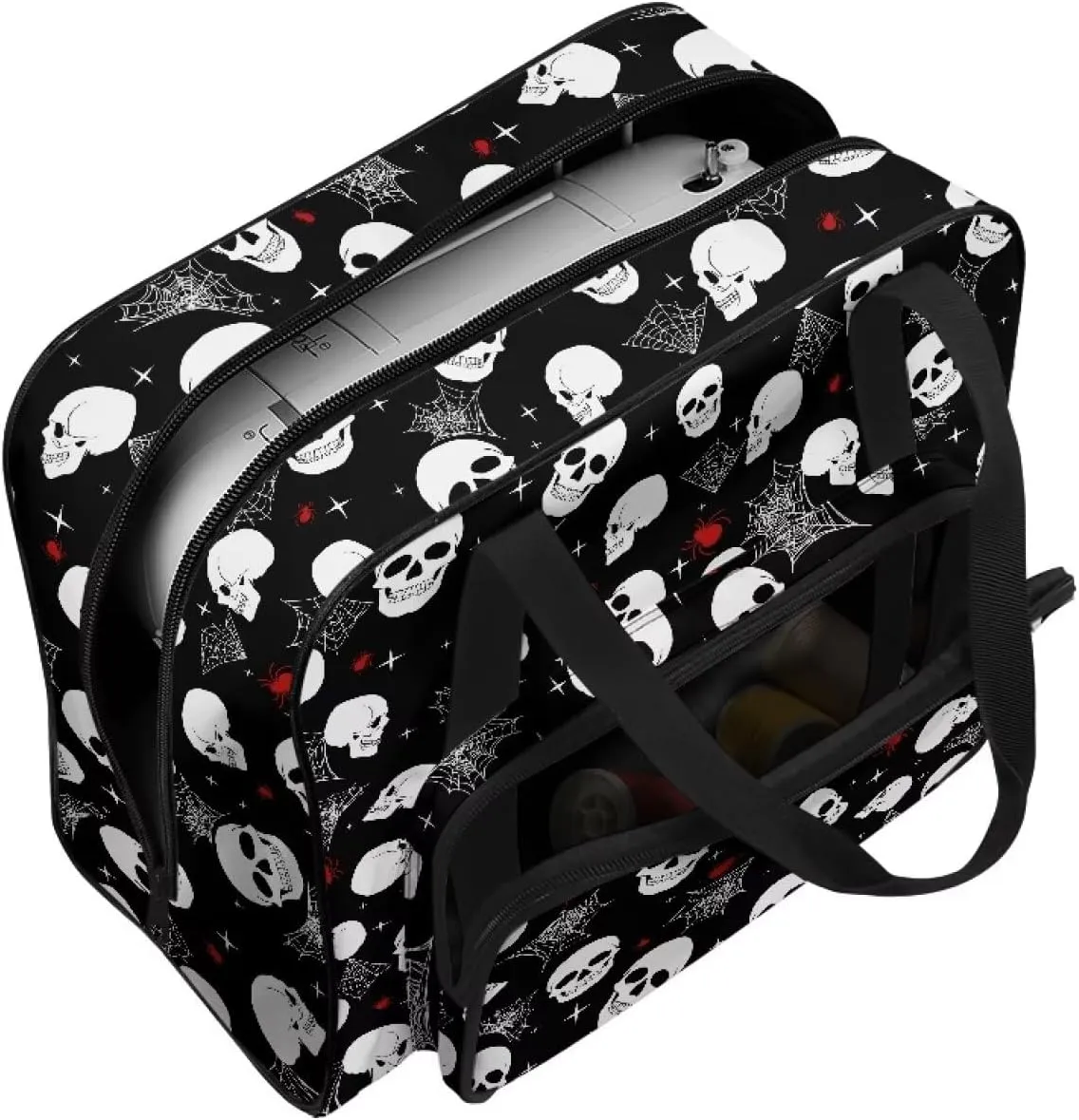 Cobweb Skull Sewing Machine Carrying Case Two Way Zipper Sewing Machine Tote Bag Portable Cover Tote Bag with Hand Strap Storage Organization Carrying Bag for Accessories Halloween Decor