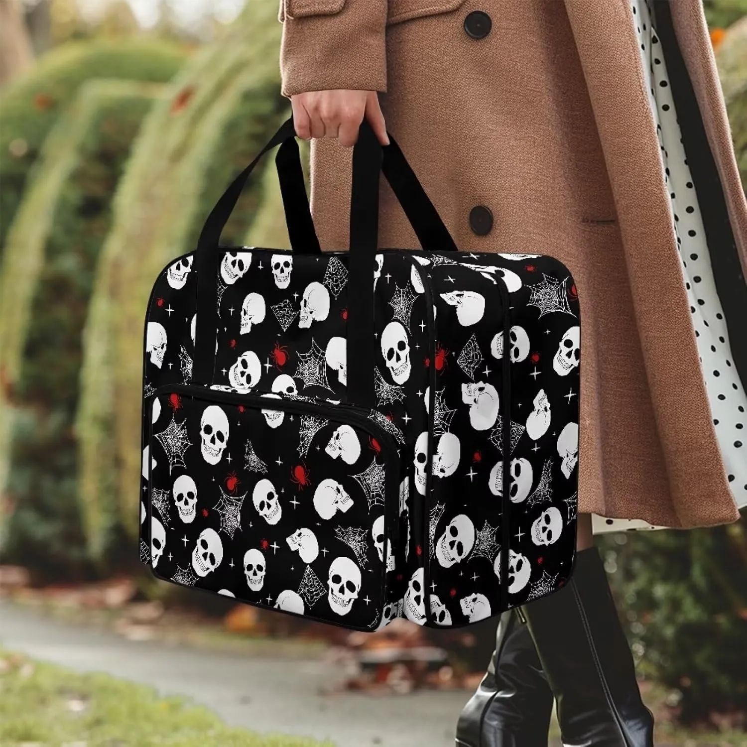 Cobweb Skull Sewing Machine Carrying Case Two Way Zipper Sewing Machine Tote Bag Portable Cover Tote Bag with Hand Strap Storage Organization Carrying Bag for Accessories Halloween Decor