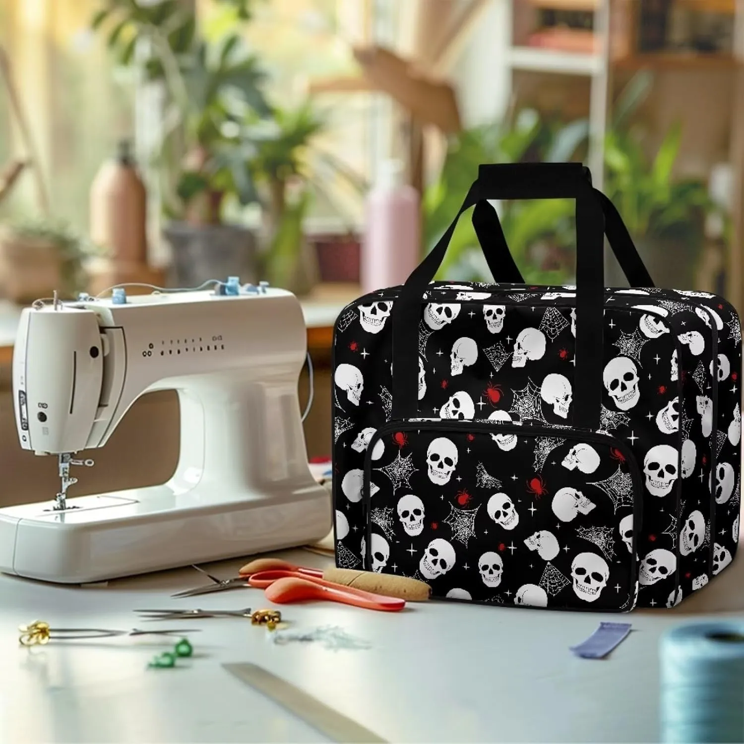 Cobweb Skull Sewing Machine Carrying Case Two Way Zipper Sewing Machine Tote Bag Portable Cover Tote Bag with Hand Strap Storage Organization Carrying Bag for Accessories Halloween Decor