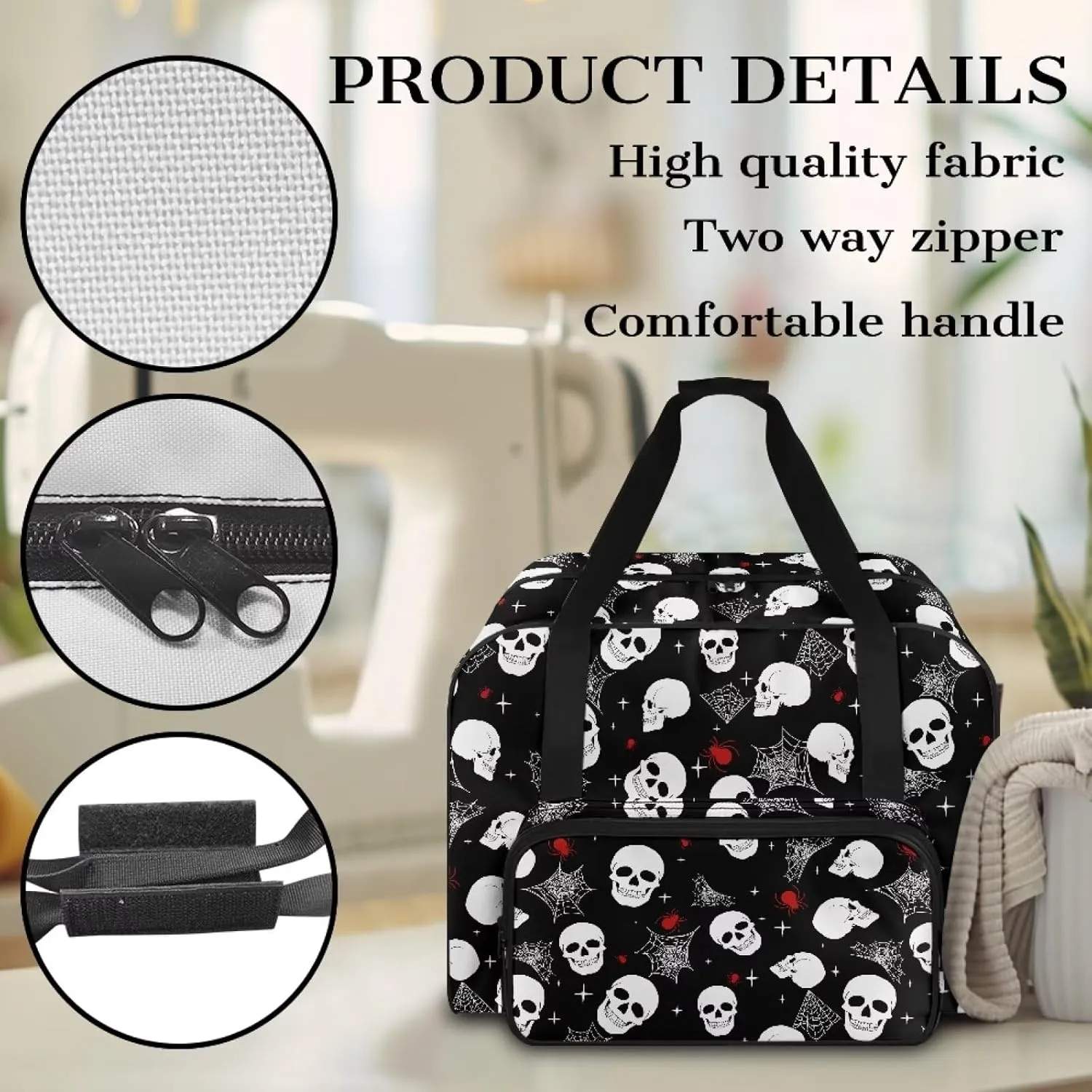 Cobweb Skull Sewing Machine Carrying Case Two Way Zipper Sewing Machine Tote Bag Portable Cover Tote Bag with Hand Strap Storage Organization Carrying Bag for Accessories Halloween Decor
