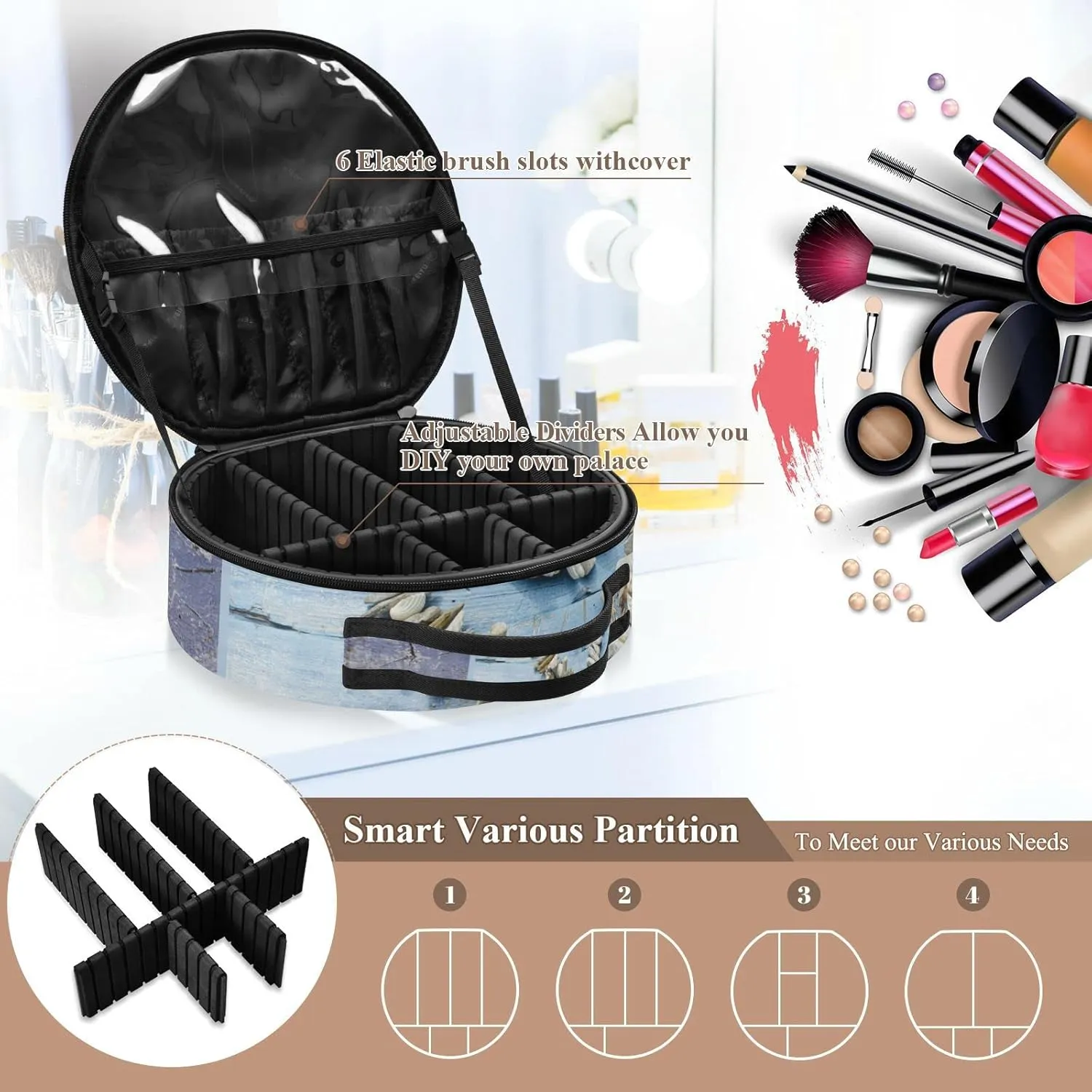 Collage with Hearts of Seashells, Starfish, Driftwood and Beach Goods Women's Portable Round Makeup Bag with Handle, Cosmetic Bag, Adjustable Dividers, Travel Cosmetic Storage 11 x 3.5 x 10 inch