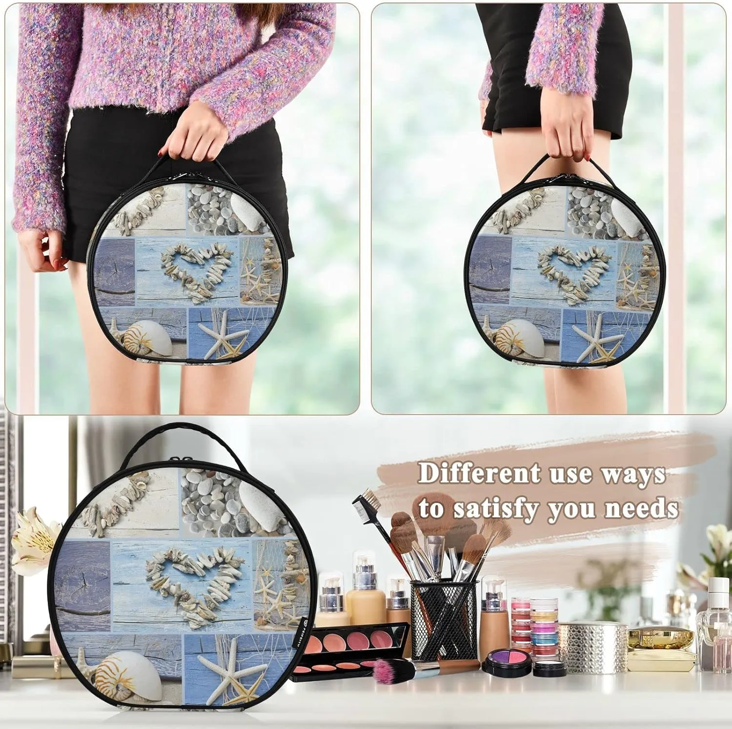 Collage with Hearts of Seashells, Starfish, Driftwood and Beach Goods Women's Portable Round Makeup Bag with Handle, Cosmetic Bag, Adjustable Dividers, Travel Cosmetic Storage 11 x 3.5 x 10 inch