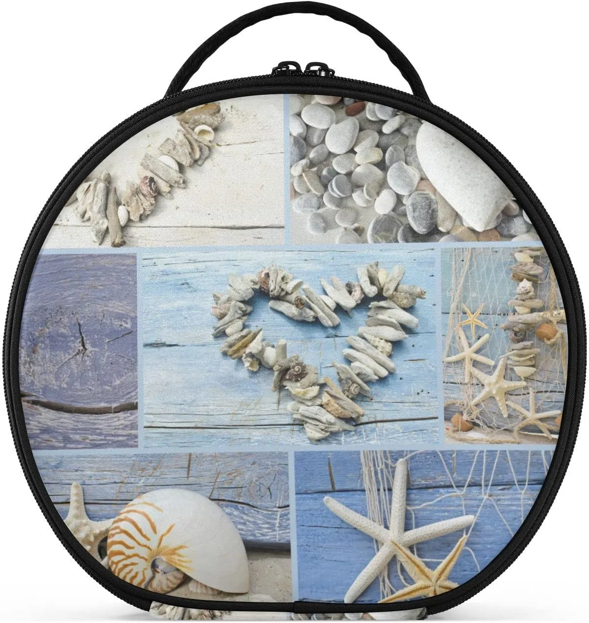 Collage with Hearts of Seashells, Starfish, Driftwood and Beach Goods Women's Portable Round Makeup Bag with Handle, Cosmetic Bag, Adjustable Dividers, Travel Cosmetic Storage 11 x 3.5 x 10 inch