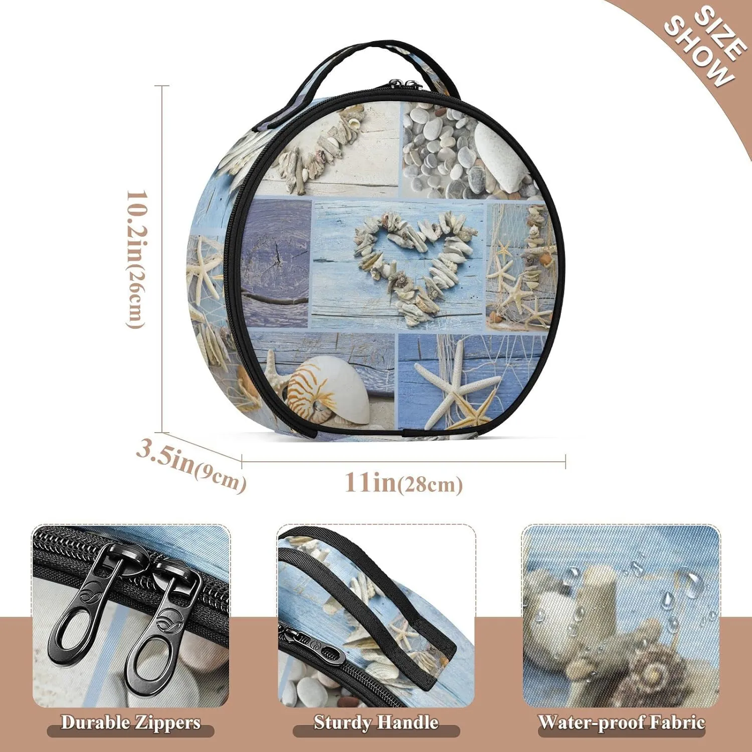 Collage with Hearts of Seashells, Starfish, Driftwood and Beach Goods Women's Portable Round Makeup Bag with Handle, Cosmetic Bag, Adjustable Dividers, Travel Cosmetic Storage 11 x 3.5 x 10 inch