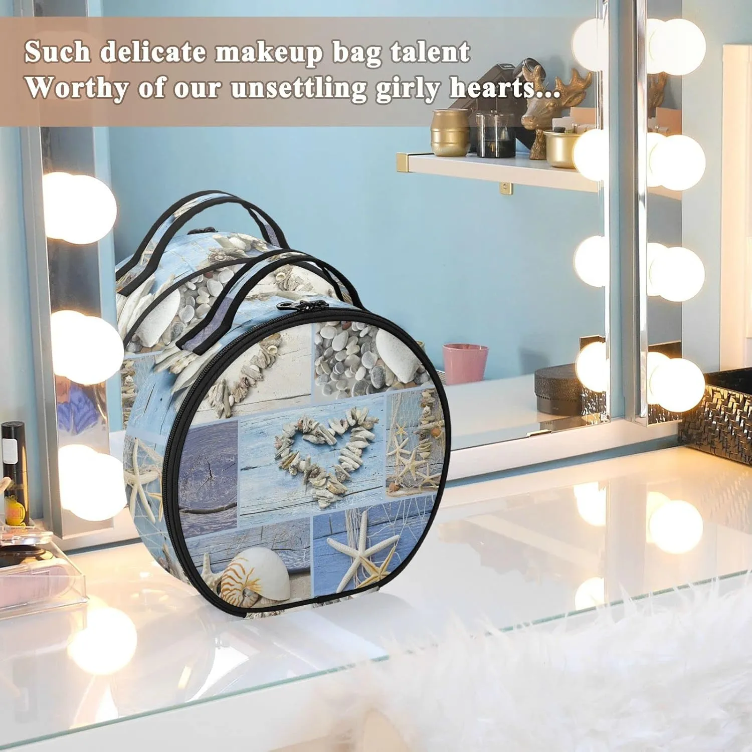 Collage with Hearts of Seashells, Starfish, Driftwood and Beach Goods Women's Portable Round Makeup Bag with Handle, Cosmetic Bag, Adjustable Dividers, Travel Cosmetic Storage 11 x 3.5 x 10 inch