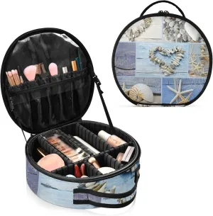 Collage with Hearts of Seashells, Starfish, Driftwood and Beach Goods Women's Portable Round Makeup Bag with Handle, Cosmetic Bag, Adjustable Dividers, Travel Cosmetic Storage 11 x 3.5 x 10 inch