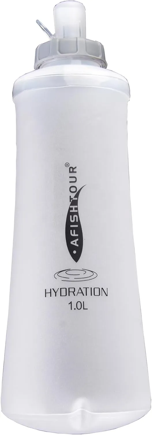 Collapsible Squeeze Soft Flask with Filter - Lightweight Bottle Water – 1 Liter for Trail Running, Hiking, Travel, Cycling, and Fishing; BPA-Free (Transparent White)