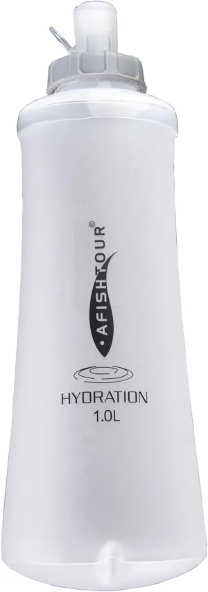 Collapsible Squeeze Soft Flask with Filter - Lightweight Bottle Water – 1 Liter for Trail Running, Hiking, Travel, Cycling, and Fishing; BPA-Free (Transparent White)