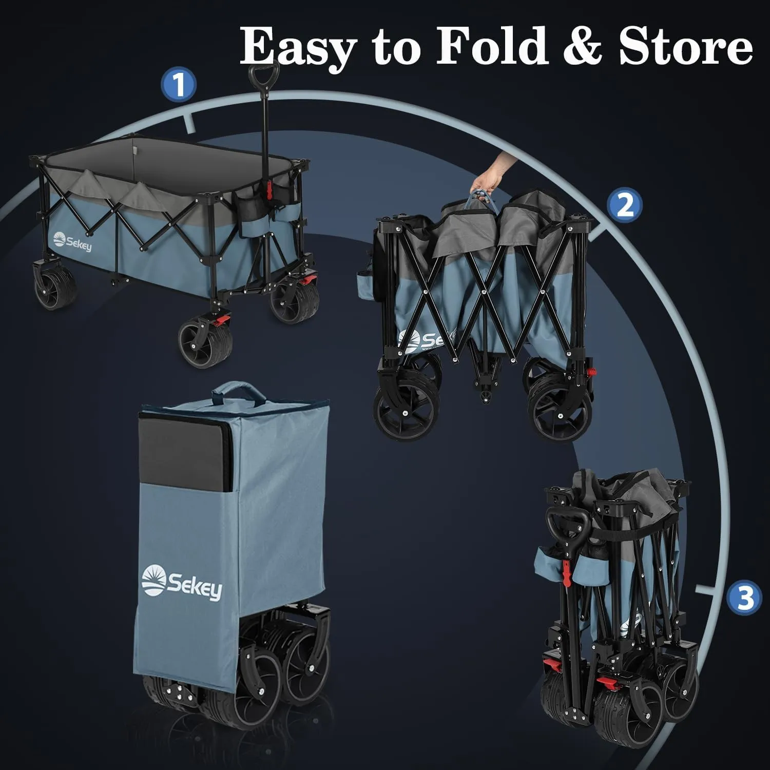 Collapsible Wagon Cart with Big All-Terrain Beach Wheels, Foldable Heavy Duty Wagons with Cup Holders, Utility Carts for Camping, Garden, Outdoor, Grocery, Sports. Blue & Gray