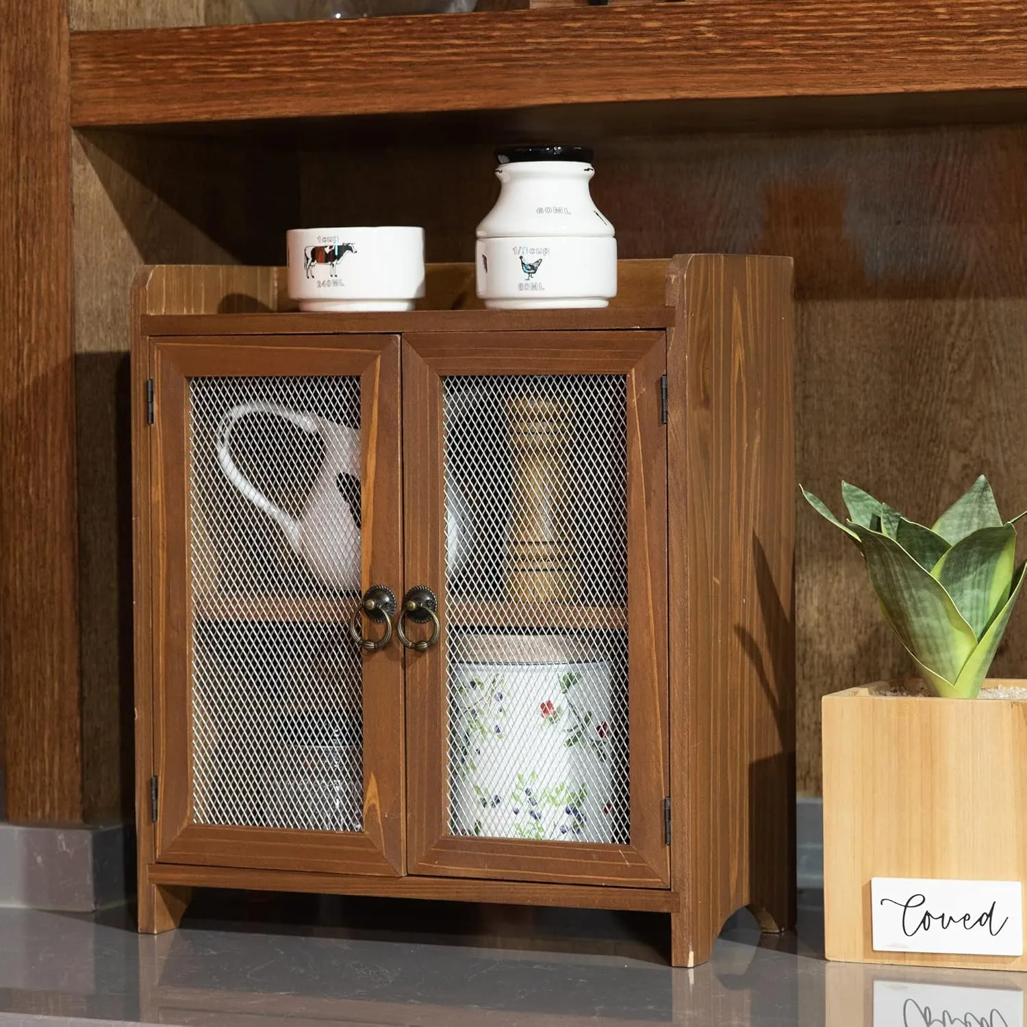 COLLECTIVE HOME - 2 Tiered Storage Cabinet, Countertop Cabinet, Wood Organizer for Kitchen Living Room Bedroom Bathroom Office with Magnetic Door, 15.75 x 14.5 x 6.5, Brown, 01