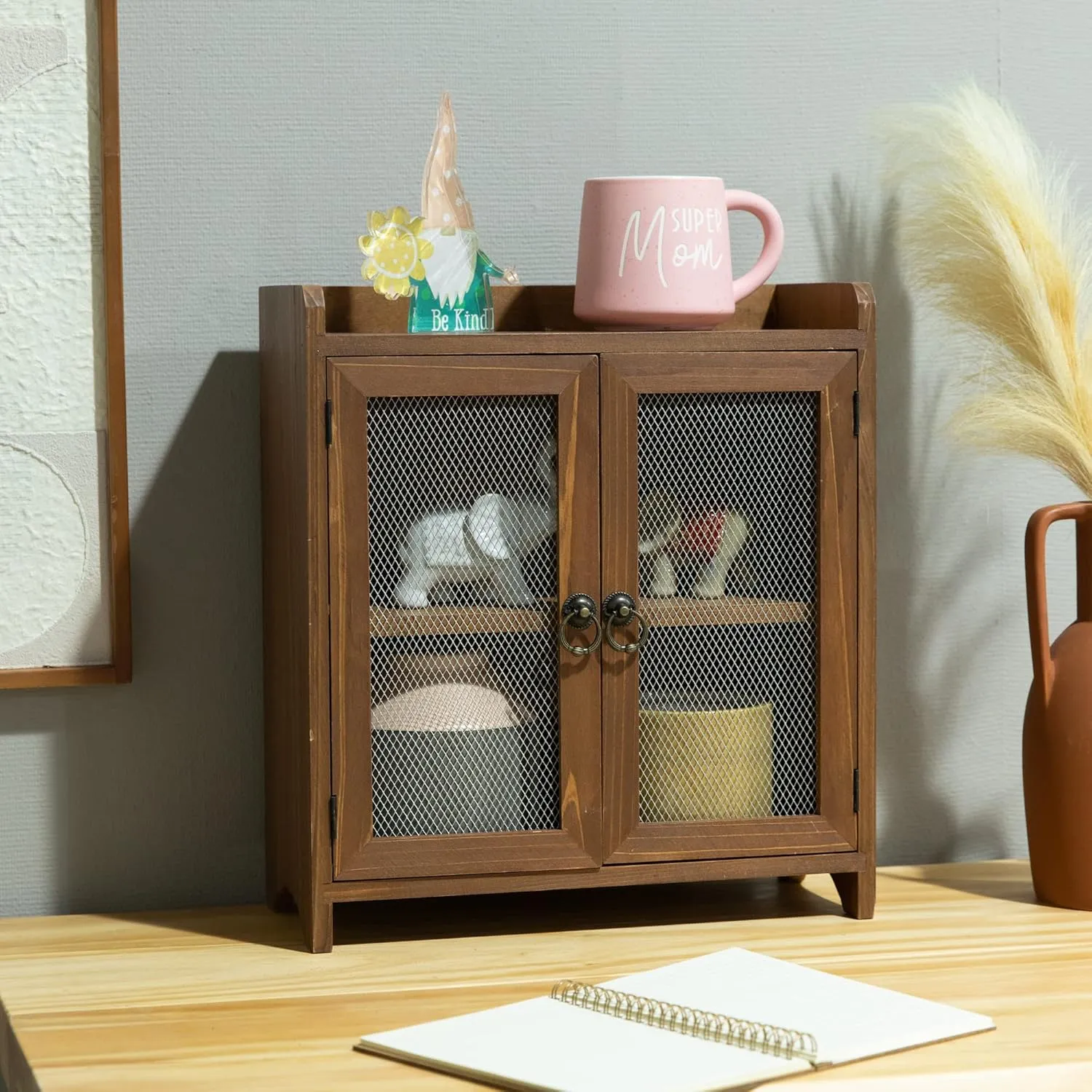 COLLECTIVE HOME - 2 Tiered Storage Cabinet, Countertop Cabinet, Wood Organizer for Kitchen Living Room Bedroom Bathroom Office with Magnetic Door, 15.75 x 14.5 x 6.5, Brown, 01