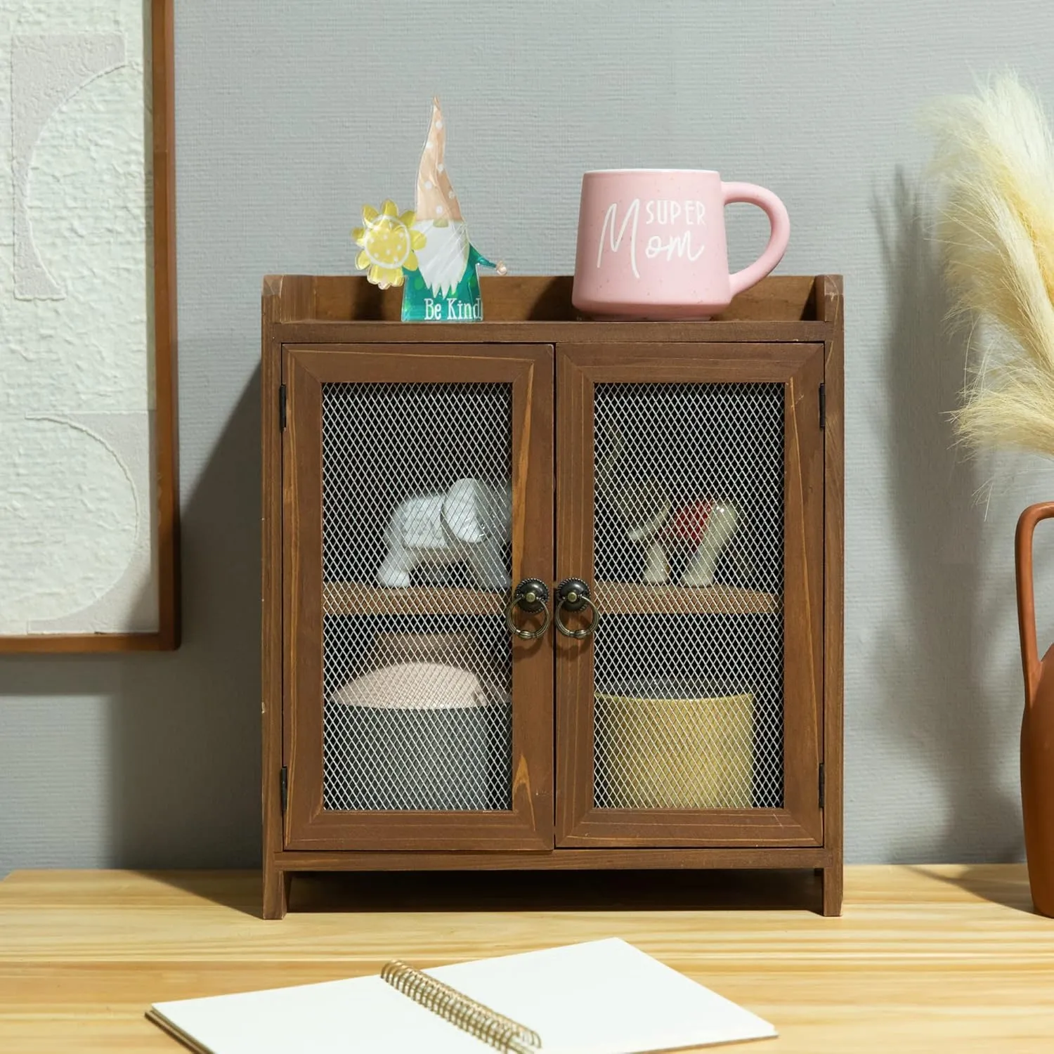 COLLECTIVE HOME - 2 Tiered Storage Cabinet, Countertop Cabinet, Wood Organizer for Kitchen Living Room Bedroom Bathroom Office with Magnetic Door, 15.75 x 14.5 x 6.5, Brown, 01