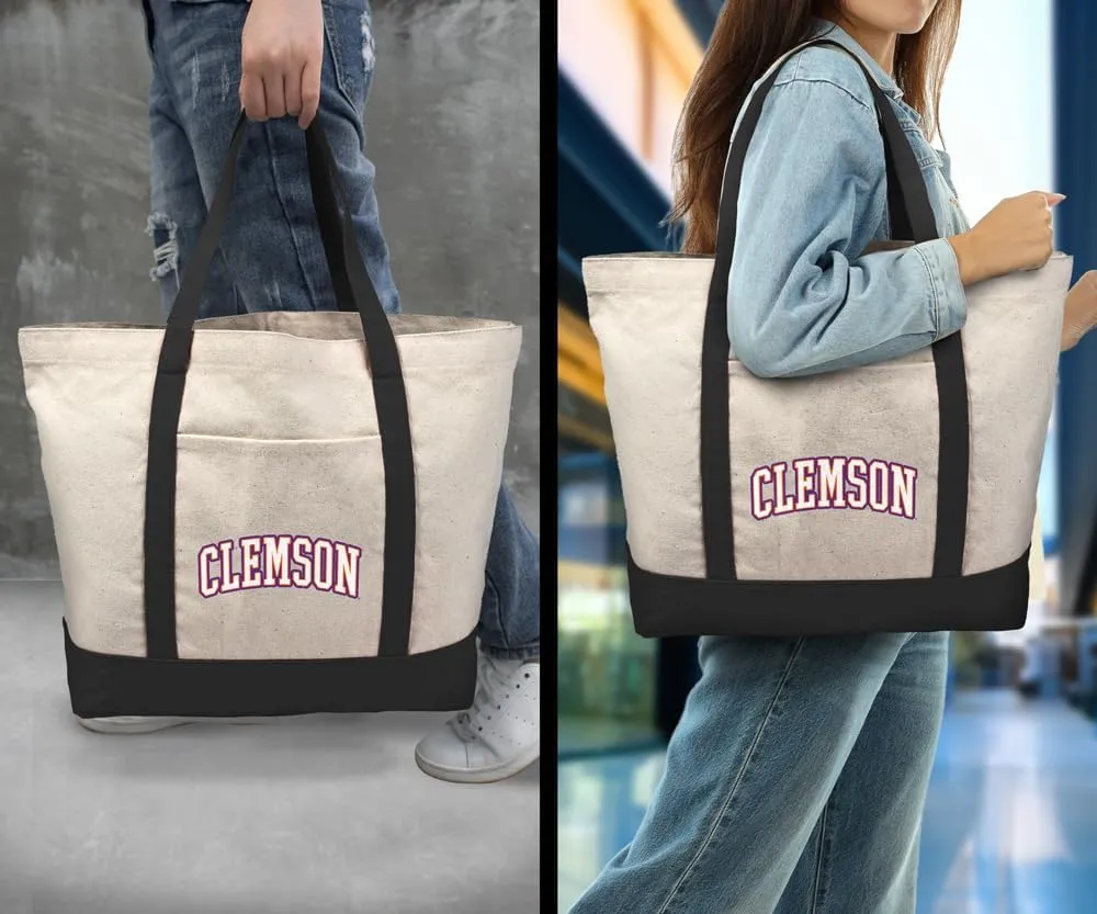 Collegiate Distressed School Name Canvas Tote Bag With External Pocket, Reusable Shoulder Bag for Shopping, Beach