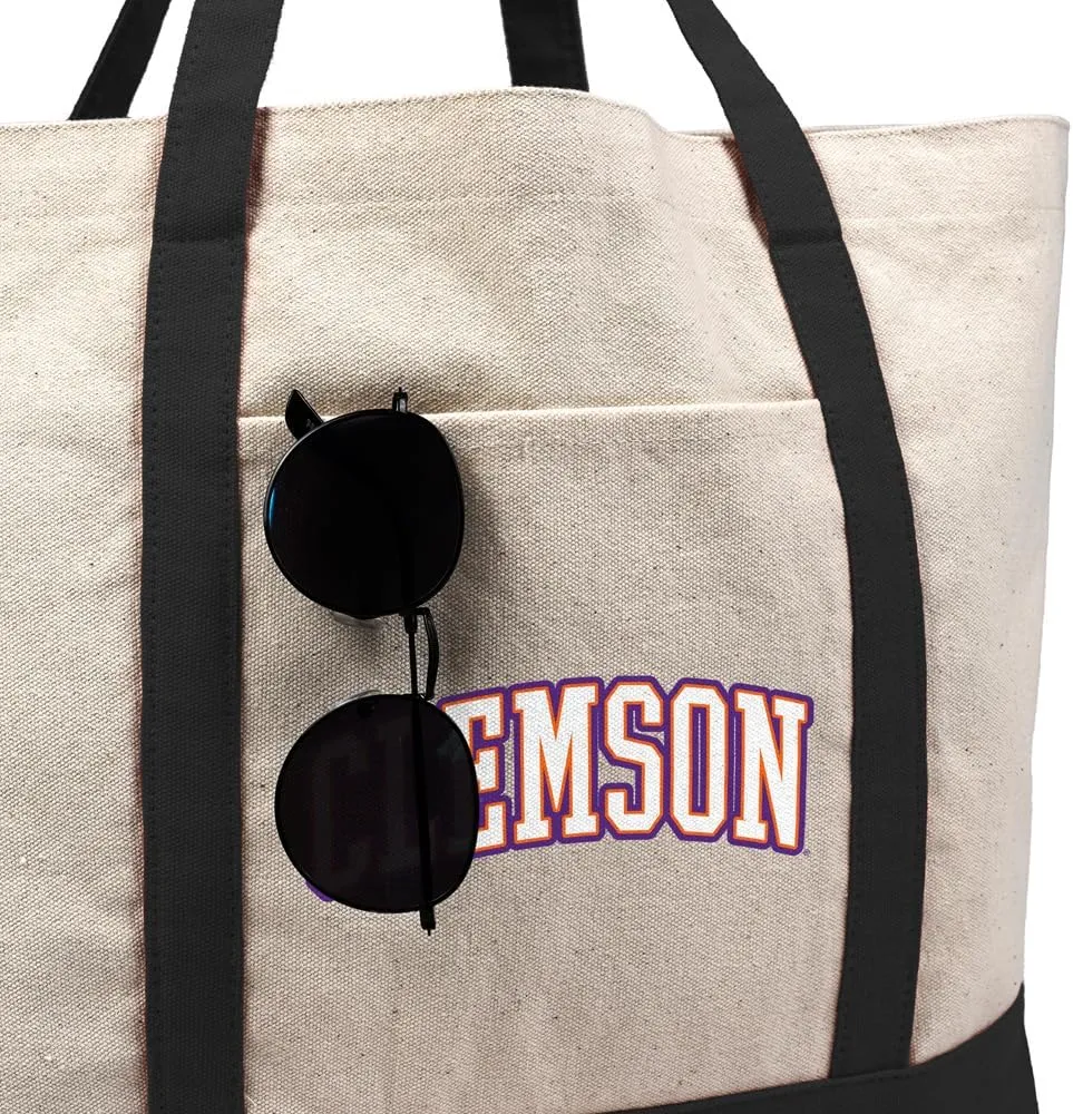 Collegiate Distressed School Name Canvas Tote Bag With External Pocket, Reusable Shoulder Bag for Shopping, Beach