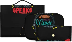Colorful Earphone with Where Words Fail, Music Speaks on Black 3 PCs Set Toiletry bags, 1 Women's Travel Cosmetic Bag, 1 Hanging Toiletry Wash Bag, 1 Brush Case, Portable Makeup Storage Case