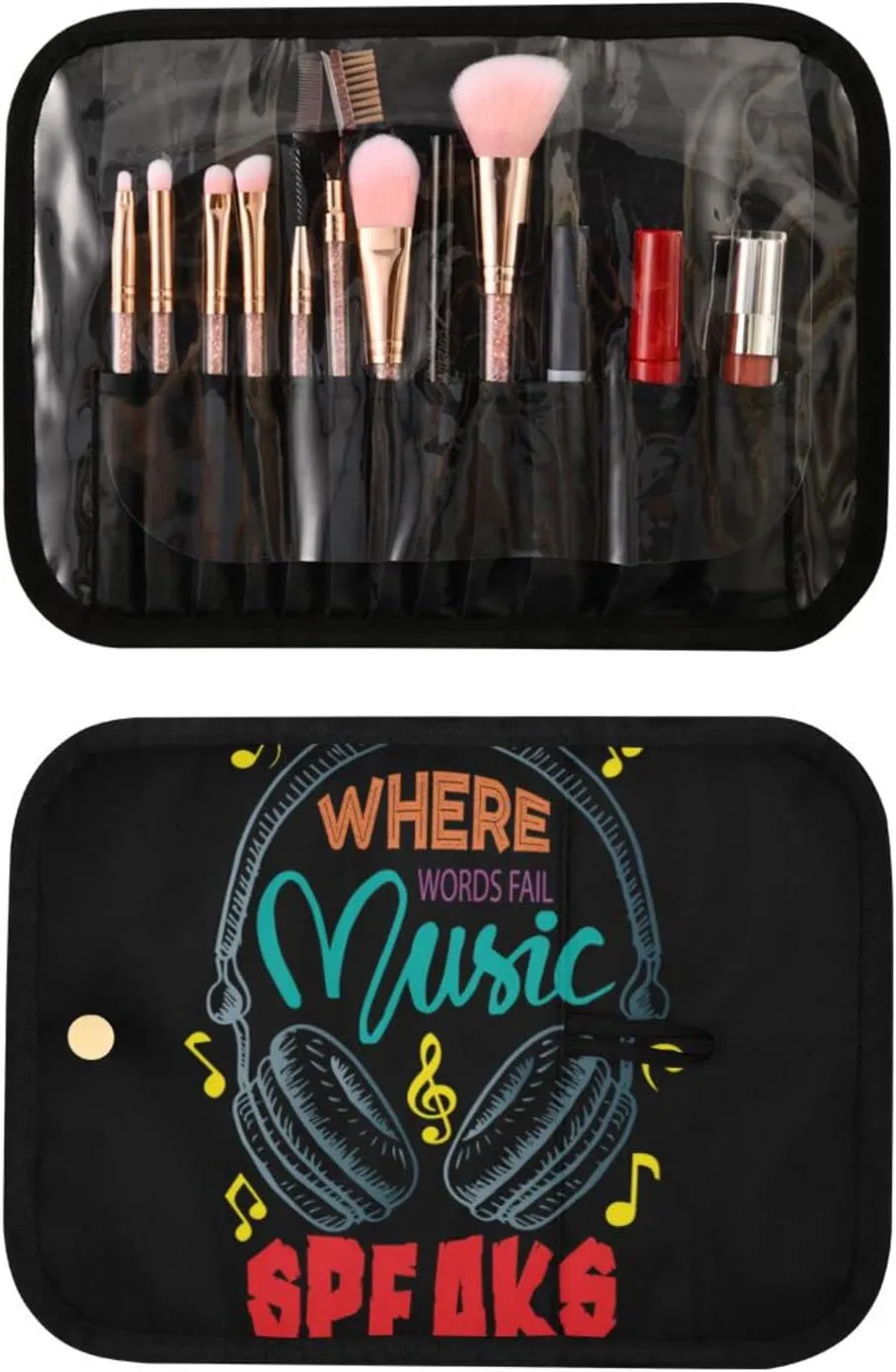 Colorful Earphone with Where Words Fail, Music Speaks on Black 3 PCs Set Toiletry bags, 1 Women's Travel Cosmetic Bag, 1 Hanging Toiletry Wash Bag, 1 Brush Case, Portable Makeup Storage Case