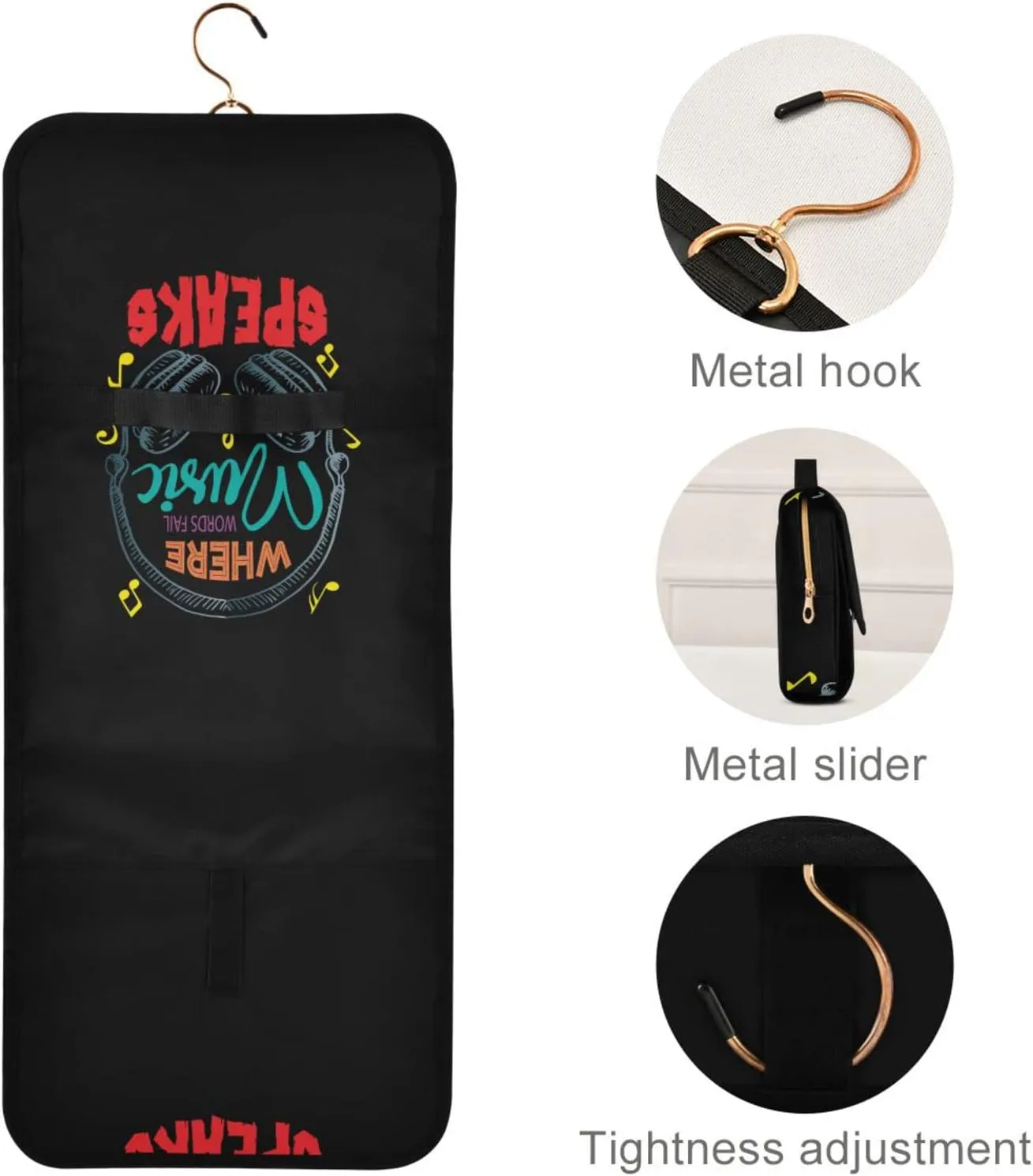 Colorful Earphone with Where Words Fail, Music Speaks on Black 3 PCs Set Toiletry bags, 1 Women's Travel Cosmetic Bag, 1 Hanging Toiletry Wash Bag, 1 Brush Case, Portable Makeup Storage Case