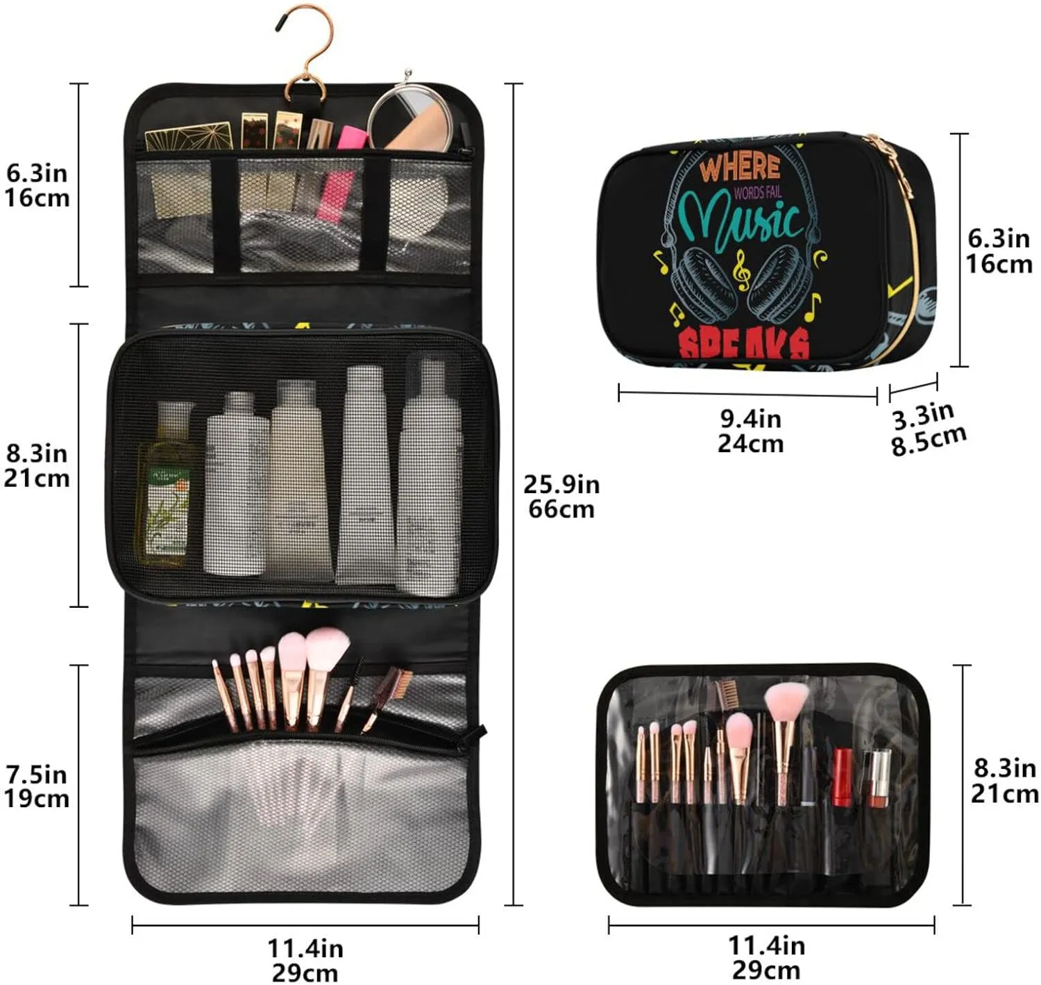 Colorful Earphone with Where Words Fail, Music Speaks on Black 3 PCs Set Toiletry bags, 1 Women's Travel Cosmetic Bag, 1 Hanging Toiletry Wash Bag, 1 Brush Case, Portable Makeup Storage Case
