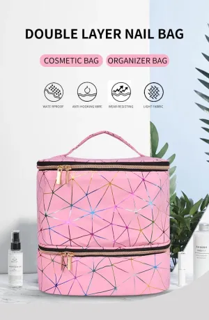 Colorful PU Nail Polish Organizer Storage Bag Professional Nail Accessories Kit Holds 30 Bottle (15ml/ 0.5 fl.oz) and a Nail Lamp Case Double Layer Nail Polish Carrying Case (pink), NB2405-1