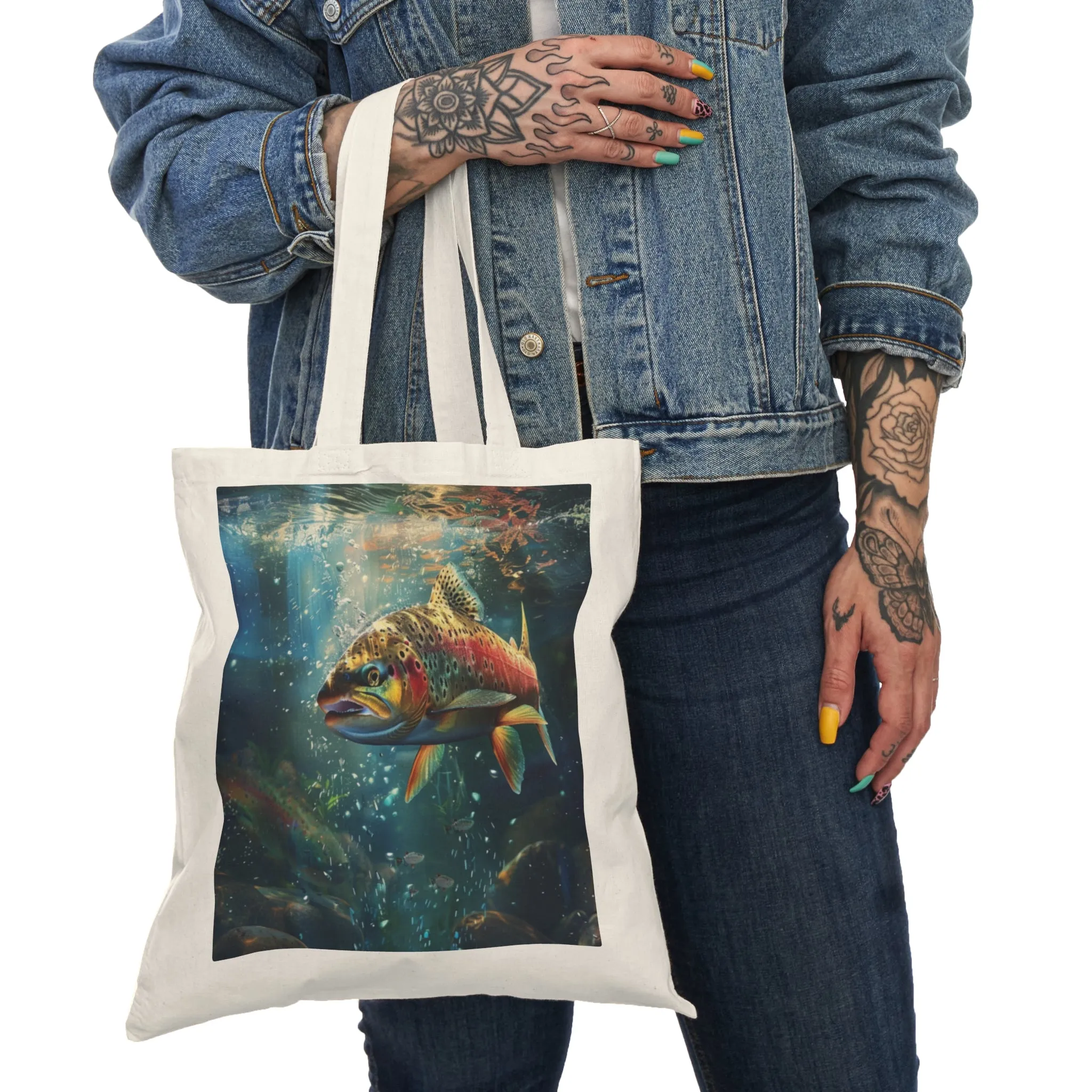 Colorful Trout Natural Tote Bag - Eco-Friendly Fish Design for Outdoor Enthusiasts