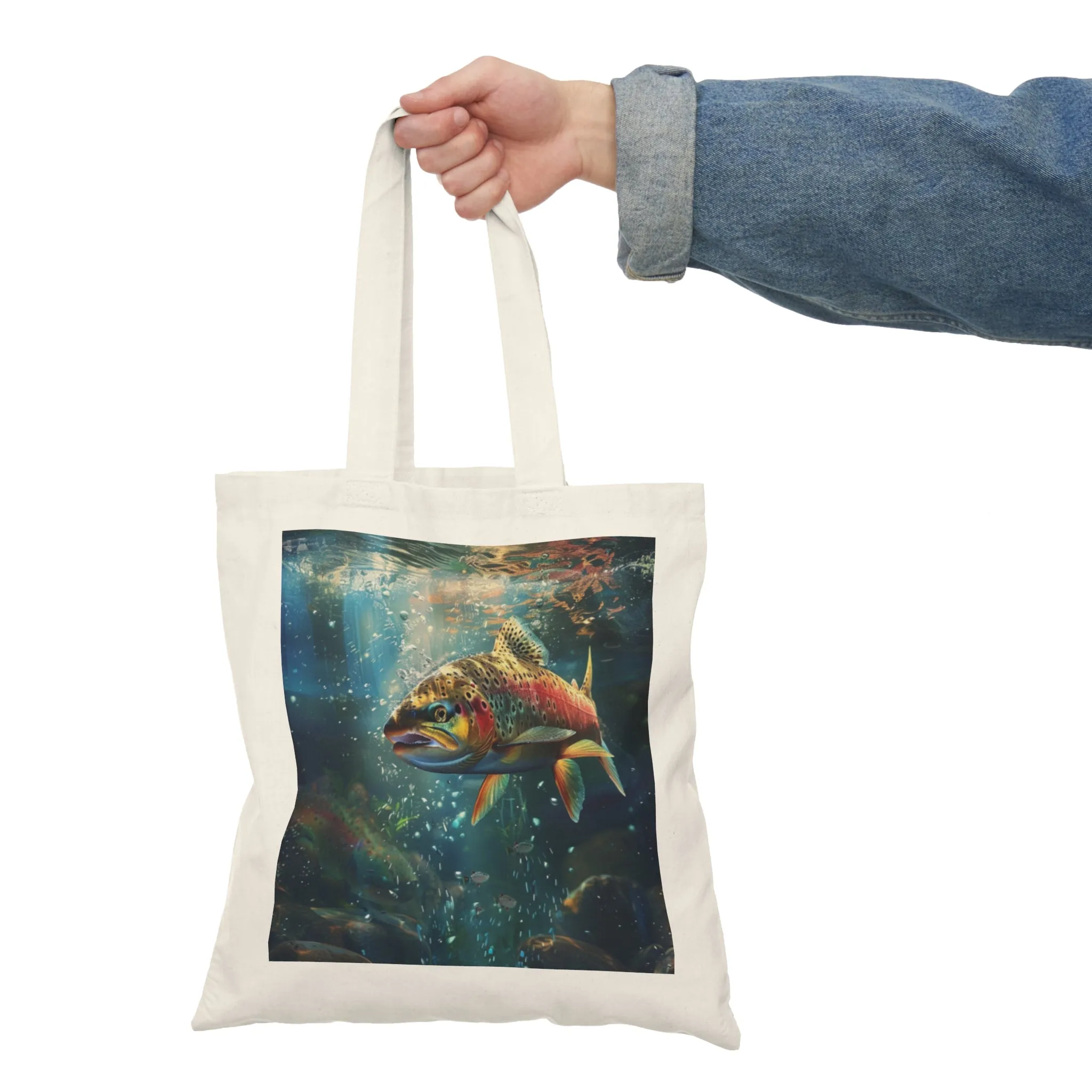 Colorful Trout Natural Tote Bag - Eco-Friendly Fish Design for Outdoor Enthusiasts