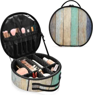 Colorful Wooden Plank Vintage Hardwood Concept Women's Portable Round Makeup Bag with Handle, Cosmetic Bag, Adjustable Dividers, Travel Cosmetic Storage 11 x 3.5 x 10 inch