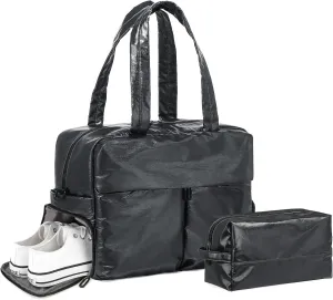 Compact Travel Duffel Bag for Women, 30L Gym Bag - Stylish Weekender Bag with Shoe Pocket, TSA-Approved Carry-On for Airplane, Fitness, Weekend Getaway(Black)