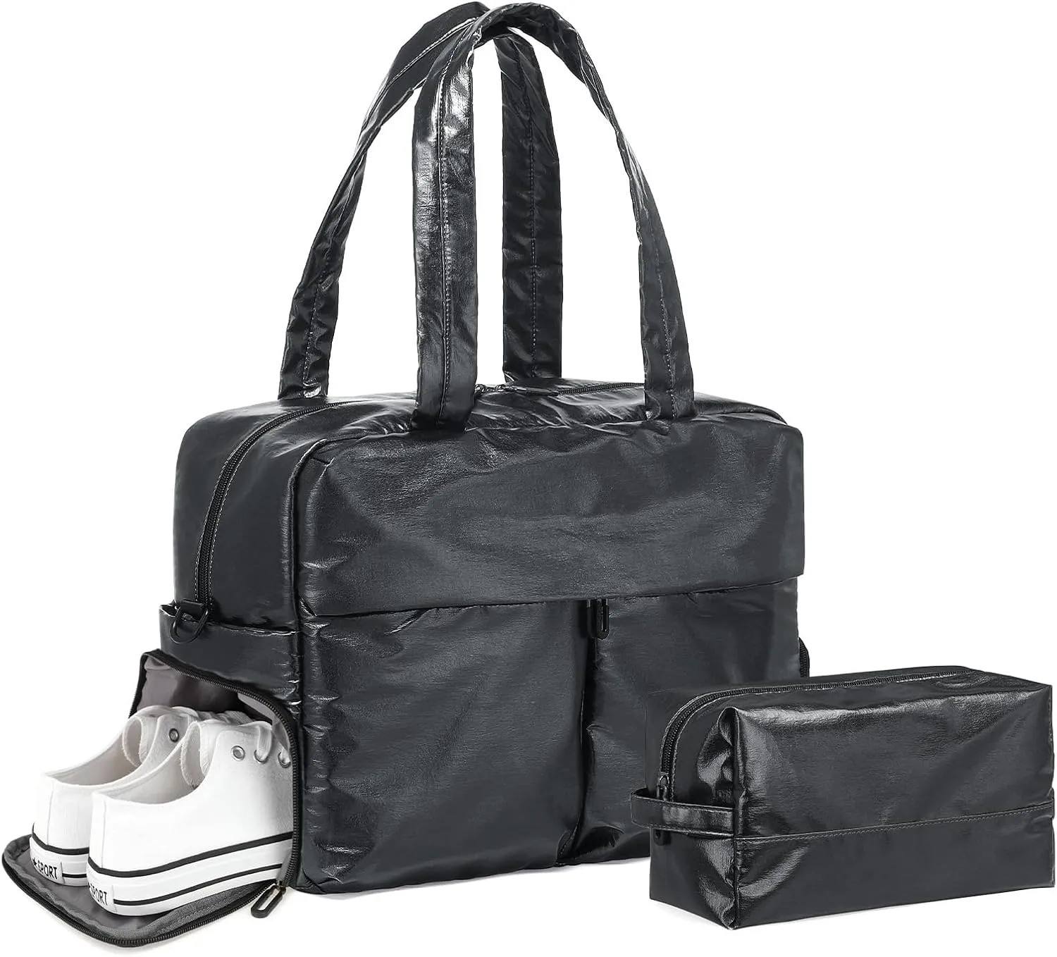 Compact Travel Duffel Bag for Women, 30L Gym Bag - Stylish Weekender Bag with Shoe Pocket, TSA-Approved Carry-On for Airplane, Fitness, Weekend Getaway(Black)