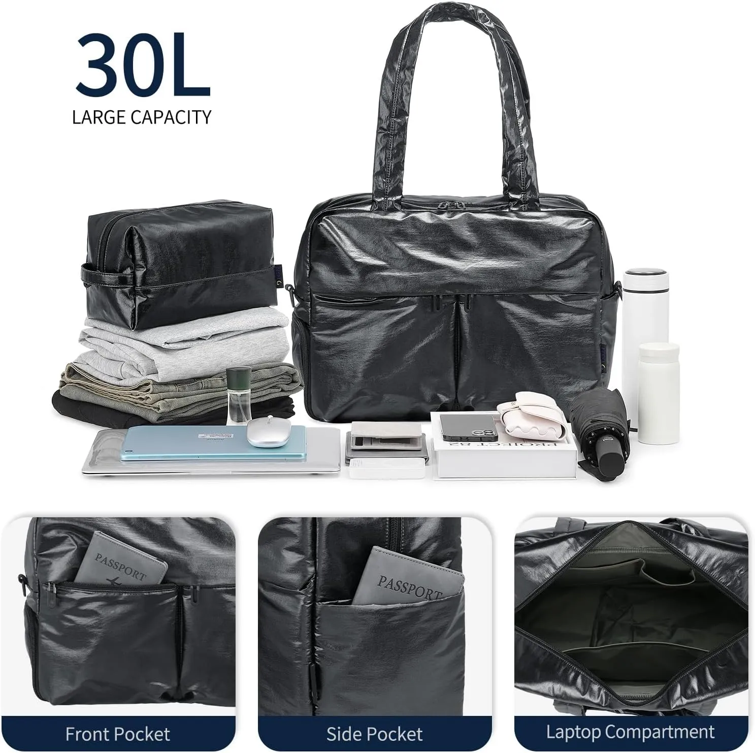 Compact Travel Duffel Bag for Women, 30L Gym Bag - Stylish Weekender Bag with Shoe Pocket, TSA-Approved Carry-On for Airplane, Fitness, Weekend Getaway(Black)