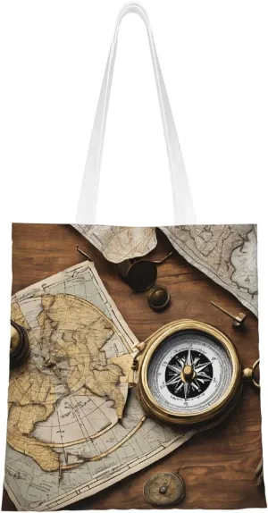 (Compass And Old Map) Reusable Canvas Tote Bag For Women Lightweight Handbag Shopping Bag Stylish Shoulder Bag