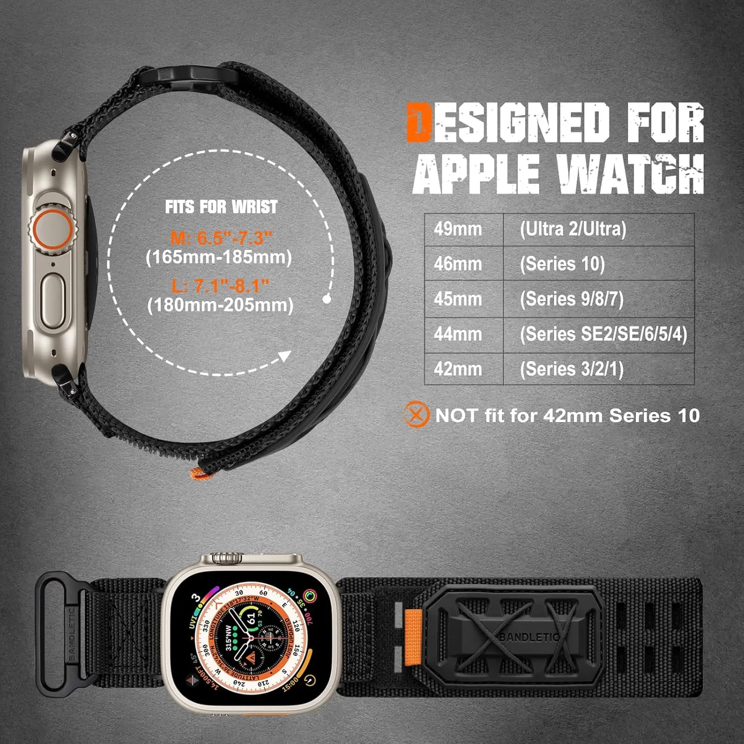 Compatible with Apple Watch Band for Men Women, Wide Tactical Military Rugged Nylon Soft Sport Loop for iWatch 49mm(Ultra2/Ultra),46mm(Series 10),45mm(9/8/7),44mm(SE2/SE/6/5/4),42mm(3/2/1)