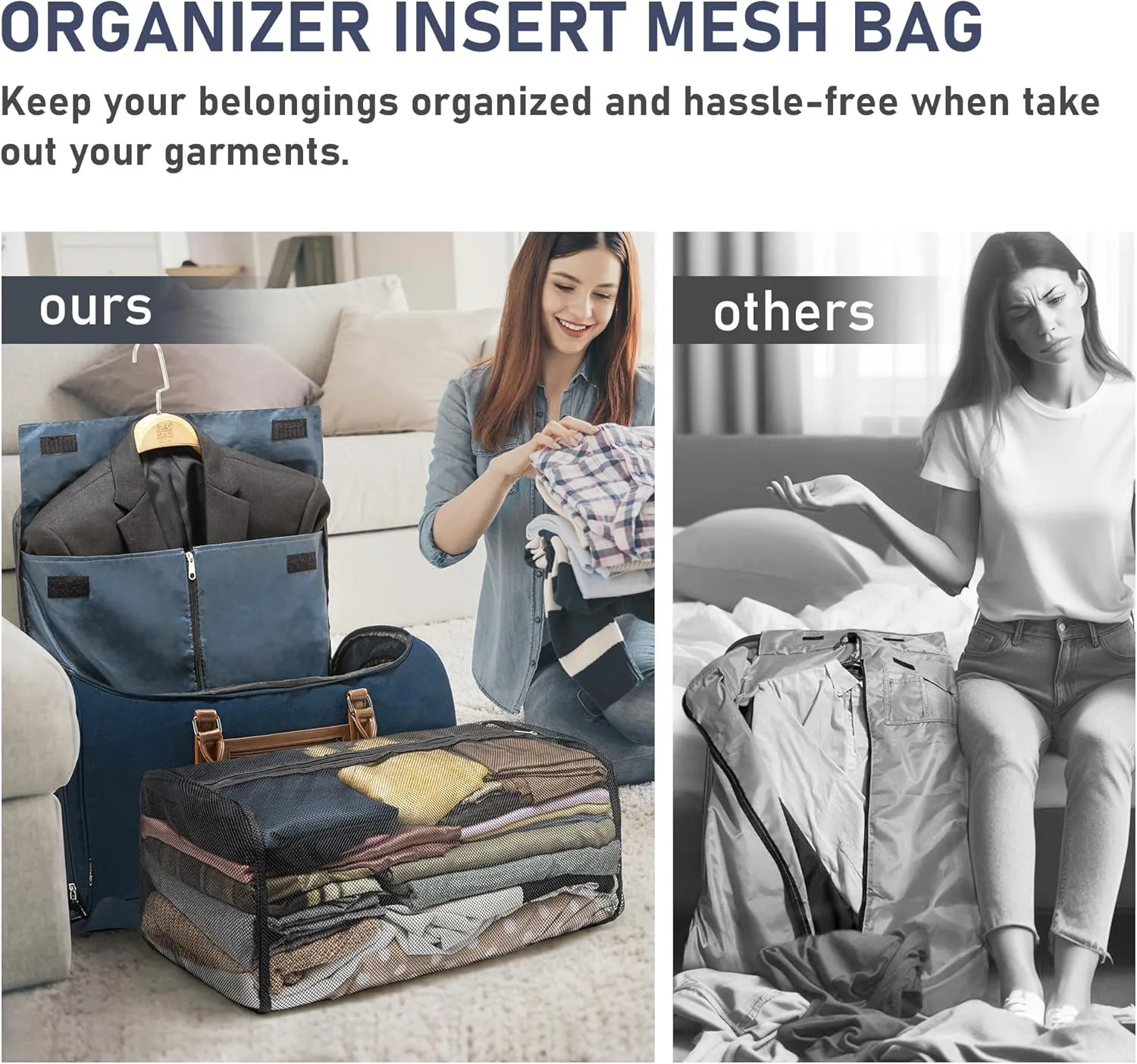 Convertible Garment Bag for travel, Garment Duffle Bag with Organizer Insert Mesh Bag, Carry on Foldable 3 in 1 Hanging Suit Bag with Shoulder Straps for Men Women Large Weekender Bag, Navy Blue