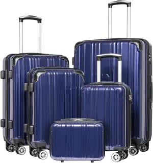 Coolife Luggage Expandable 5 Piece Sets PC ABS Spinner Suitcase 20 inch 24 inch 28 inch (navy new)