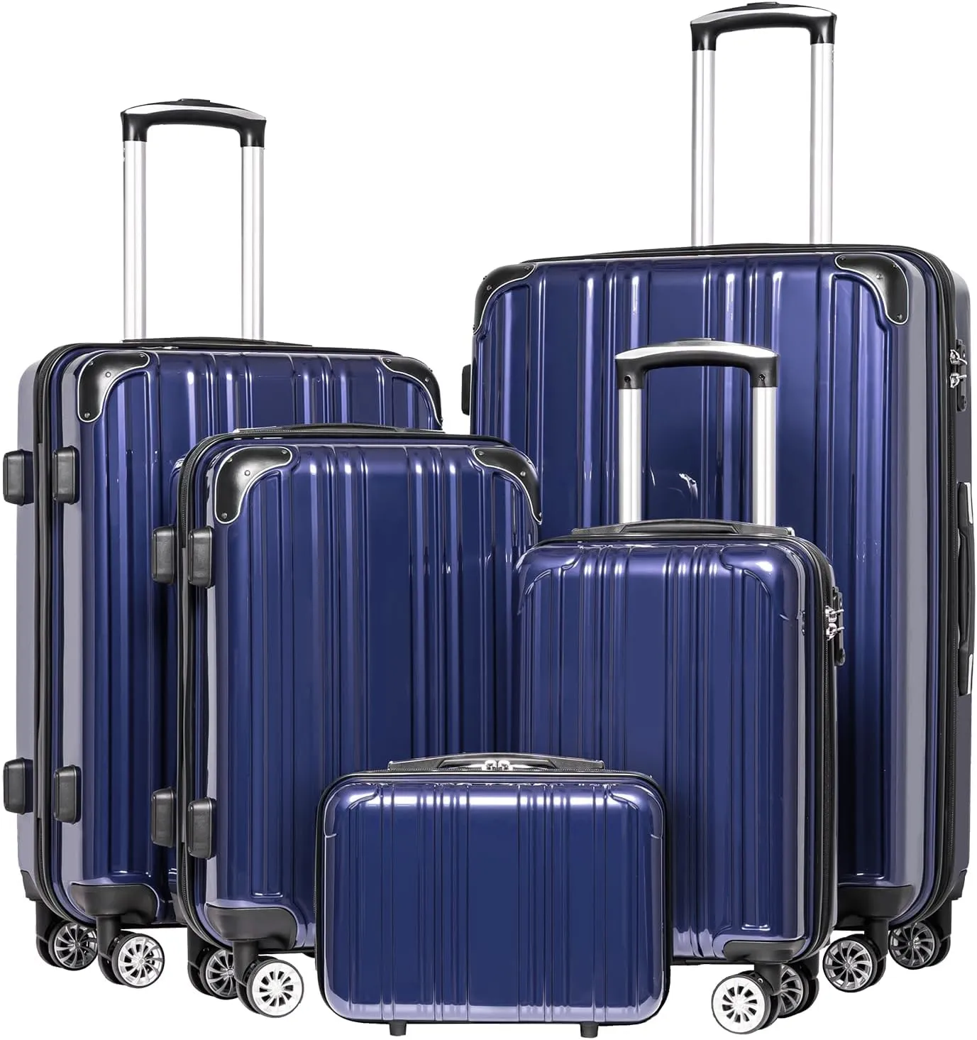 Coolife Luggage Expandable 5 Piece Sets PC ABS Spinner Suitcase 20 inch 24 inch 28 inch (navy new)