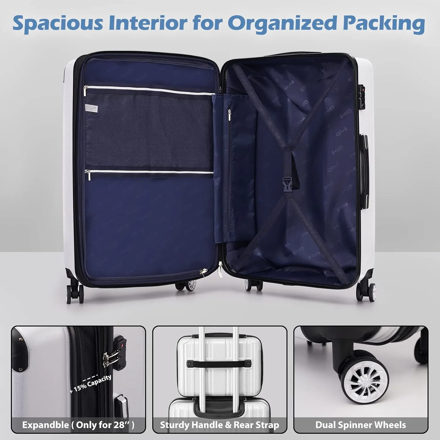 Coolife Luggage Expandable 5 Piece Sets PC ABS Spinner Suitcase 20 inch 24 inch 28 inch (navy new)