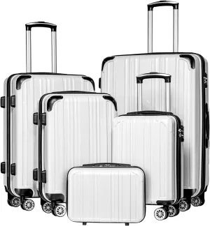 Coolife Luggage Expandable 5 Piece Sets PC ABS Spinner Suitcase 20 inch 24 inch 28 inch (white grid new)