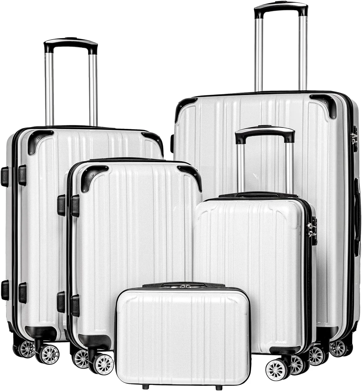 Coolife Luggage Expandable 5 Piece Sets PC ABS Spinner Suitcase 20 inch 24 inch 28 inch (white grid new)