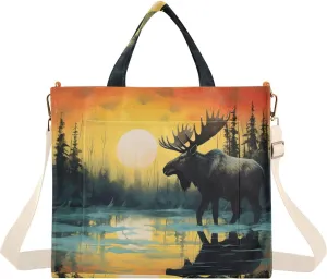 Corduroy Women Tote Bag Moose Sunset Print, Handbag Purse with Detachable Strap Small Size