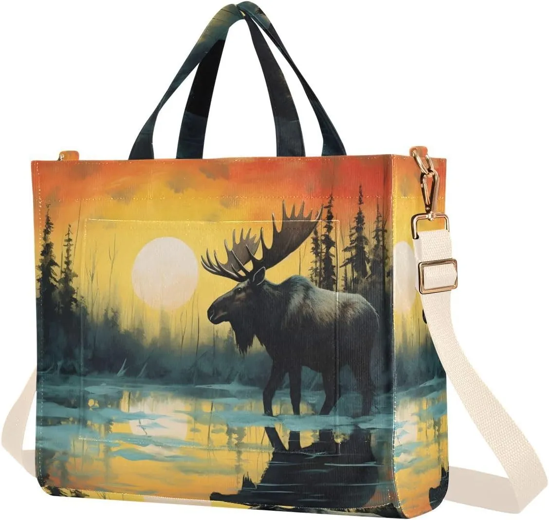 Corduroy Women Tote Bag Moose Sunset Print, Handbag Purse with Detachable Strap Small Size