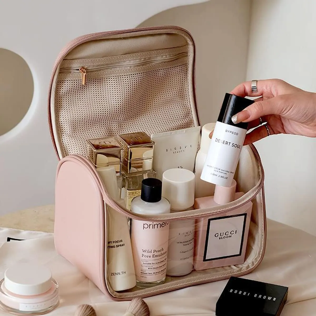 Cosmetic Bag Large Capacity Female Transparent Portable Portable Waterproof Wash Bag with Compartment All Cosmetic Bags (Pink)