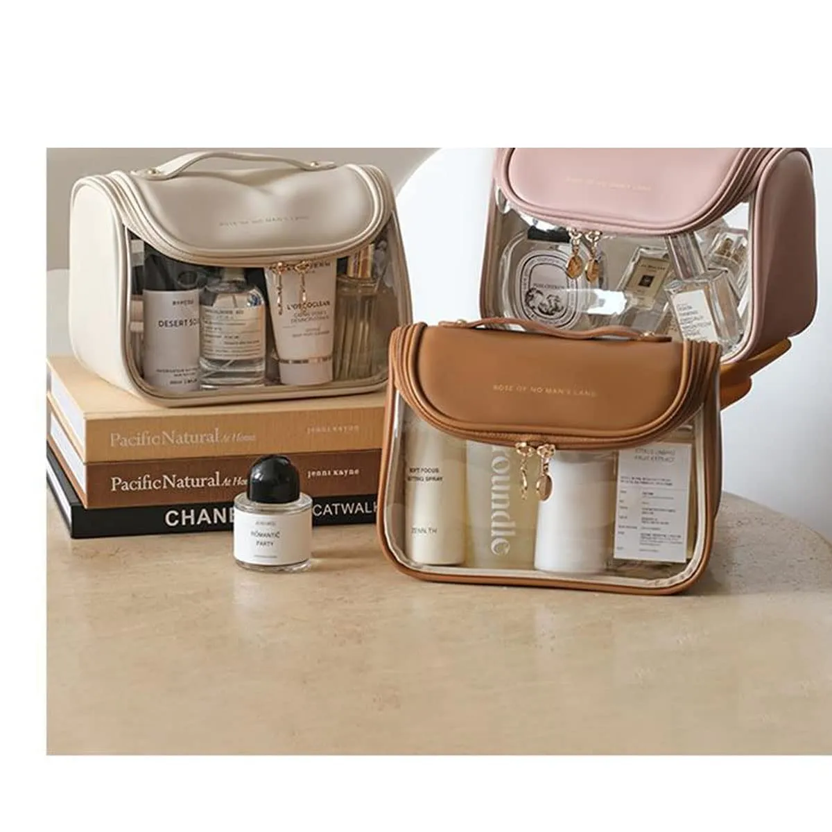 Cosmetic Bag Large Capacity Female Transparent Portable Portable Waterproof Wash Bag with Compartment All Cosmetic Bags (Pink)